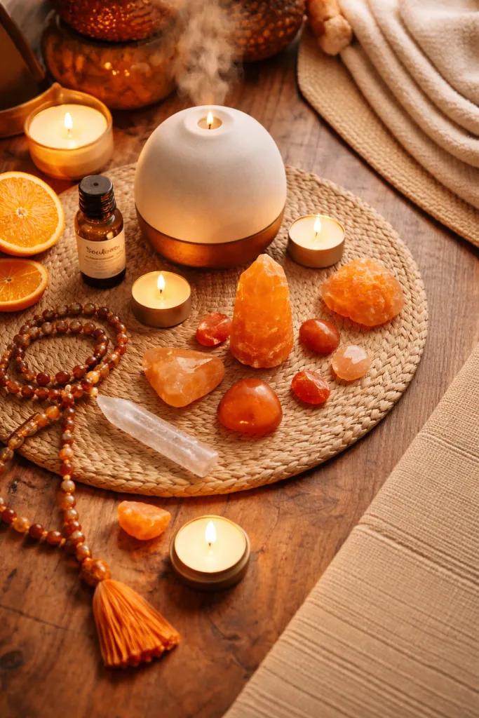 Carnelian crystals on table