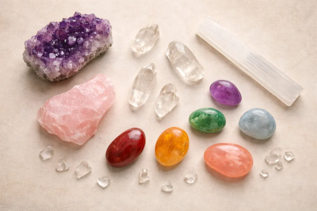 Crystals arranged on table