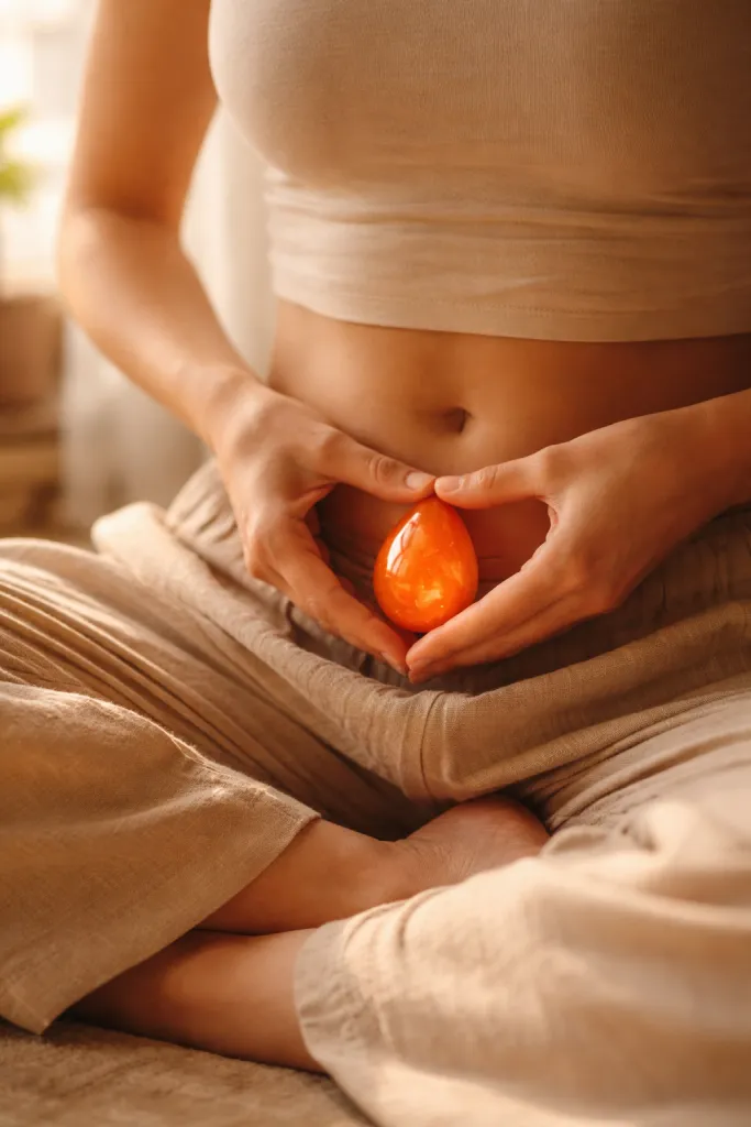Woman holding carnelian crystal to body