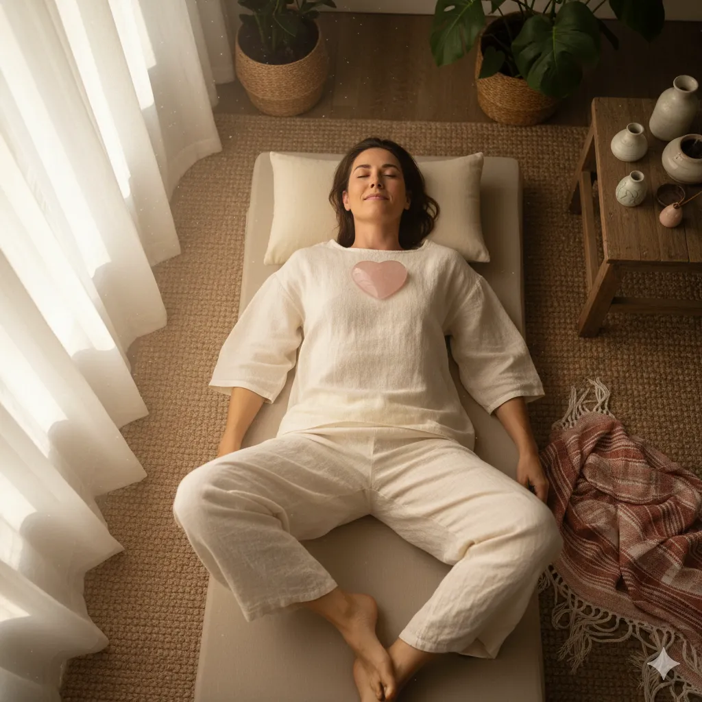 Woman meditating with Rose quartz