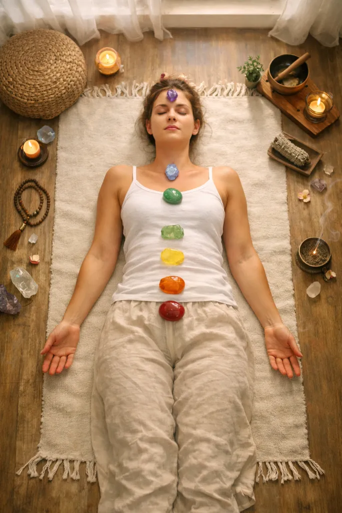 Woman with 7 Chakra stones on body
