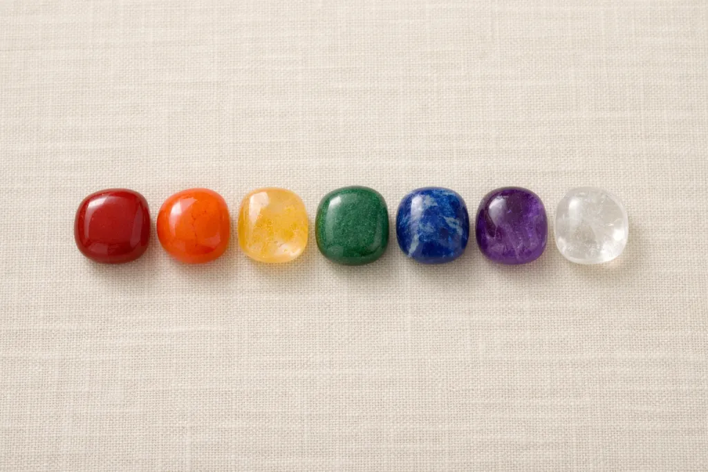 Seven chakra stones arranged in a line from root to crown