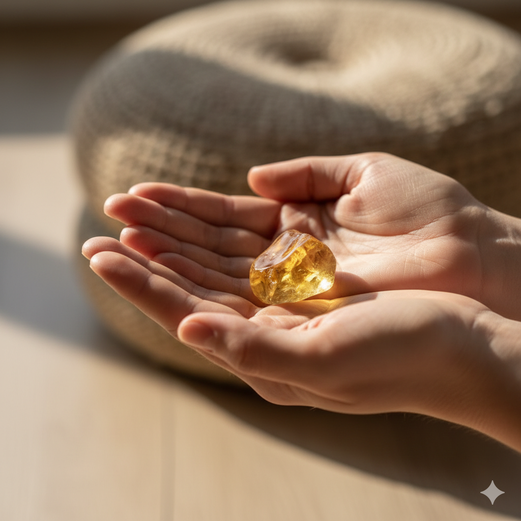 olding citrine crystal during focused meditation practice