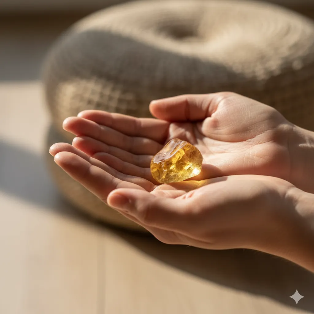 olding citrine crystal during focused meditation practice