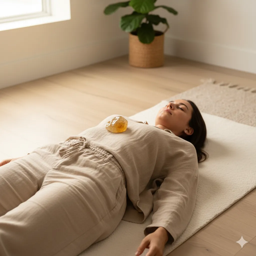 Citrine crystal positioned on solar plexus during meditation session